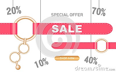 Sale background for women`s goods and stores. Vector chains and rings with pink straps. Vector Illustration