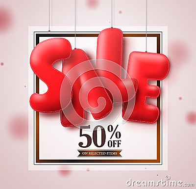 Sale balloons red 3D text hanging in white square background vector banner Vector Illustration