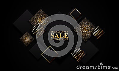 Sale banner background with black and golden rectangles Vector Illustration