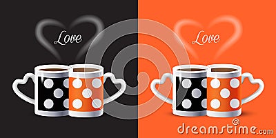 Two hot cups of coffee, steam heart shape Orange + Black logo. Hot Coffee Mugs Americano Cappuccino. Tea mugs icon POP ART Modern Vector Illustration