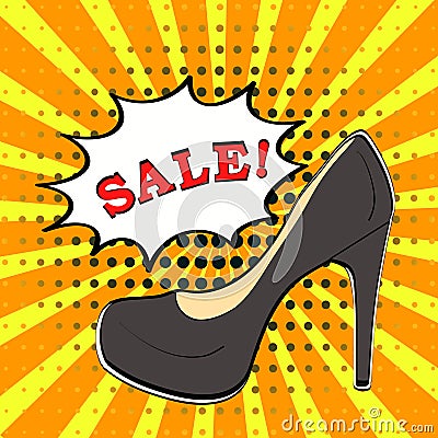 Sale banner in comic book pop art style with black high heel shoe on yellow and orange sunburst background with halftone texture Vector Illustration