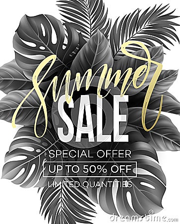 Sale banner handwriting lettering poster. Floral jungle summer background with tropical palm leaves. Vector illustration Vector Illustration