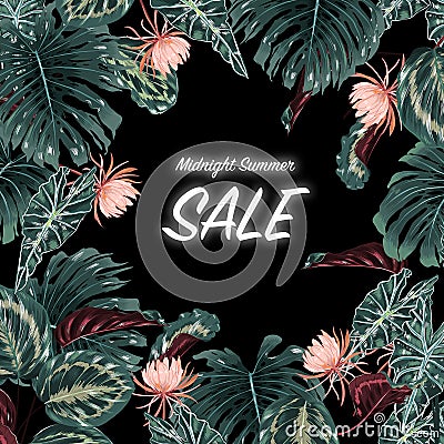 Sale banner, poster with dark tropical palm leaves, jungle forest and blooming flowers ,Beautiful vector midnight summer Stock Photo