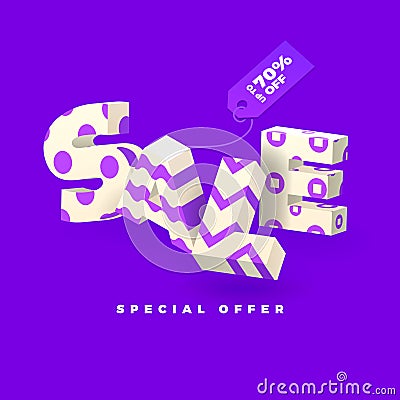 Sale banner in purple color, 3D invert letters with pattern Vector Illustration