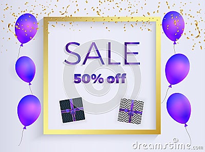 Sale banner with purple shaped balloons, box gift with ribbons, gold confetti. Template for the decoration presentation, placards, Stock Photo