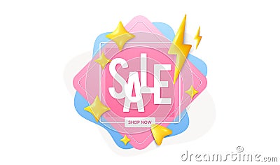 Sale banner with shop now button. Flash deal offer with 3d stars and lightning bolt. Discount event template. Vector Vector Illustration