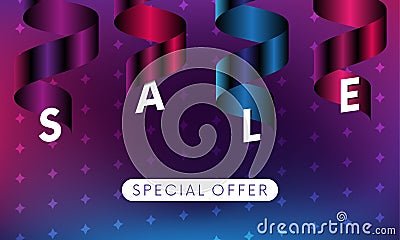 Sale banner with special offer text on white oval and ribbons on colorful background with stars. Vector. Vector Illustration