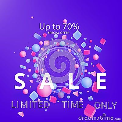 Sale banner template, 3d figures realistic vector primitives composition Vector Illustration