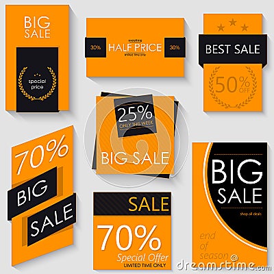 Sale Banner Template Design. Set of Seven Orange Posters Vector Illustration