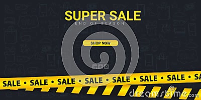 Sale banner with yellow Caution lines. Hand draw doodle icons on the background. Vector Illustration