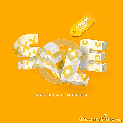 Sale banner in yellow color, 3D invert letters with pattern Vector Illustration