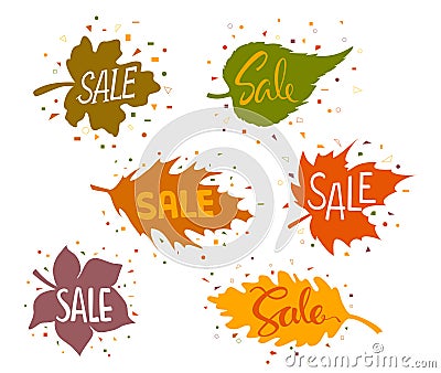 Sale banners in shapes of forest autumn leaves with geometric confetti Vector Illustration