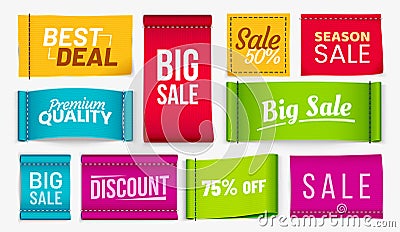 Sale clothes labels. Discount fabric tag, best deal coupons fabrics label and season sale textile tags realistic vector Vector Illustration