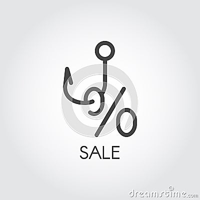 Sale concept linear icon. Abstract label of hook and percent. Promotion, marketing and advertising logo. Vector Vector Illustration