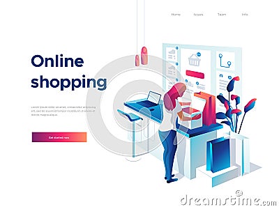 Sale, consumerism and people concept. Young woman is unpacking bags and shopping online using laptop. Landing page Vector Illustration