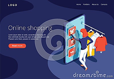 Sale, consumerism and people concept. Young woman shop online using smartphone. Landing page template. Vector Illustration