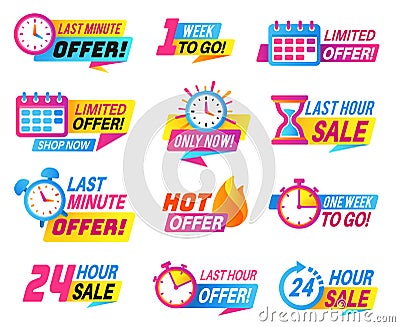 Sale countdown badges. Big deal, limited sale announcement. Promo stickers last day, hour and minute timer. Best offer Vector Illustration