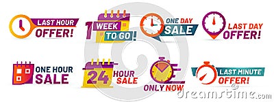 Sale countdown badges. Last minute offer banner, one day sales and 24 hour sale promo stickers vector set Vector Illustration