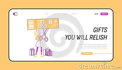 Sale and Discount Landing Page Template. Tiny Female Character Cutting with Scissors Huge Gift Card Vector Illustration