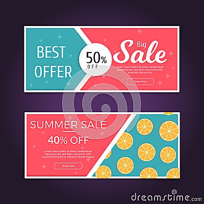 Sale and discounts set of banners. Sale banner template design. Summer season sale banner with oranges pattern. Vector Vector Illustration