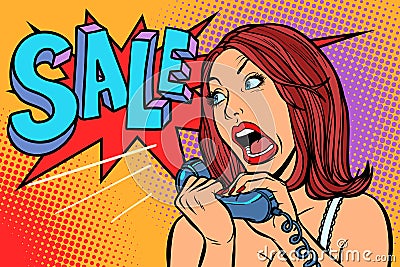 Sale discounts. Woman screams in phone Vector Illustration