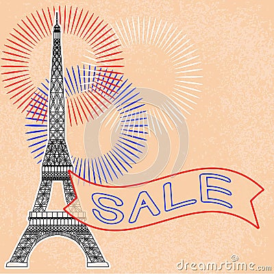 Sale. Eiffel Tower. Fireworks. Tape with text Stock Photo