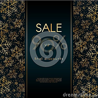 Sale 90% final discounts VIP offer Christmas New Year luxury banner with pattern of gold luxury snowflakes glitter Blue festive Vector Illustration