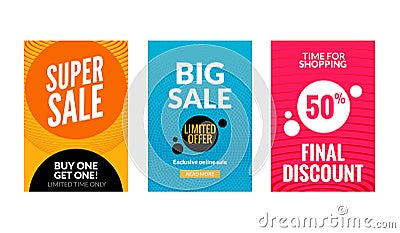 Sale flyers set with discount offer. Season best price poster template. Market banners shopping big discounts Vector Illustration