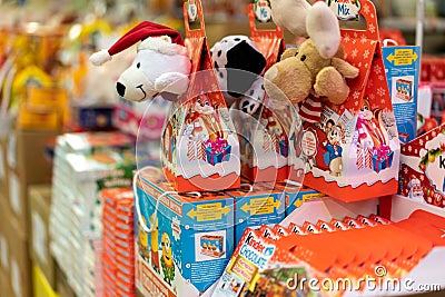 Sale of gifts for the new year in a shop window Editorial Stock Photo