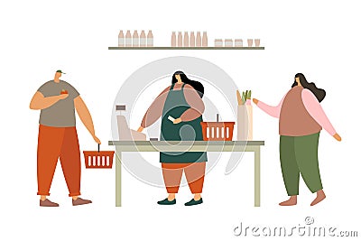 Woman cashier at the cash register and young people with purchases. Vector Illustration