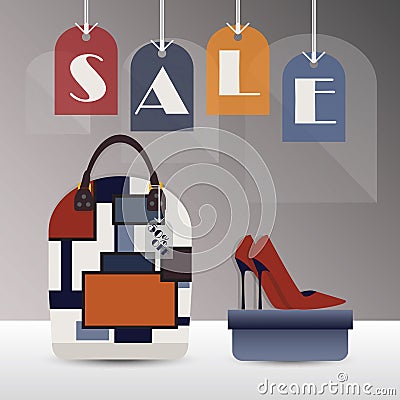 SALE hanging tags with fashionable women purse and high heels Stock Photo