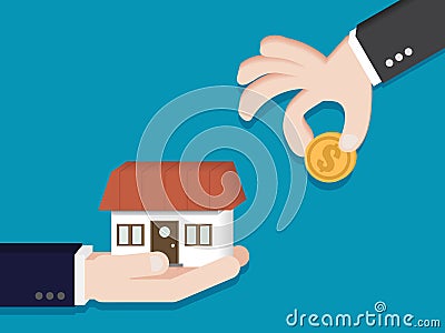 Sale house for money. businessman gave the home to salesman. transfer asset for financial. trade old house for little cash. rental Cartoon Illustration