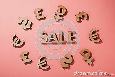 Sale icon surrounded by world currency signs Stock Photo