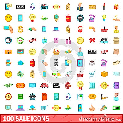 100 sale icons set, cartoon style Vector Illustration