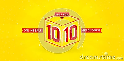 10.10 sale illustration Cube model number sign red ribbon with isolated yellow background Vector Illustration