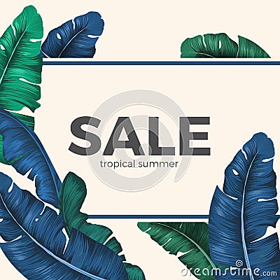 Sale inscription hidden in palm tree leaves seasonal promotion Vector Illustration