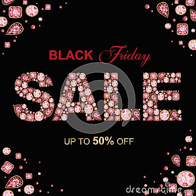 SALE inscription made of Red Crystal letters. Black Friday jewelry shop banner concept on black background Letter from Stock Photo