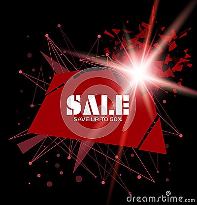 Sale inscription vector template. Red rectangular banner with explosion Vector Illustration