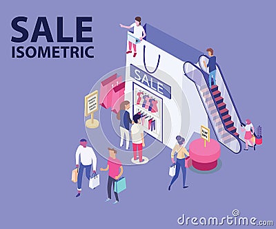 Sale Isometric Artwork of people Shopping fashion/Clothes from a shopping bag Vector Illustration
