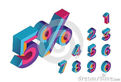 5% sale. 0, 1, 2, 3, 4, 5, 6, 7, 8, 9 isometric 3D numeral alphabet. Percent off, sale background. Colorfull Stock Photo