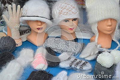 Sale of knitted products at fair of national creativity Stock Photo