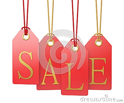 Sale labels hanging, isolated on white background Stock Photo