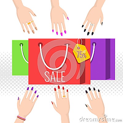 Sale at low prices, women`s pens reach for purchases Vector Illustration