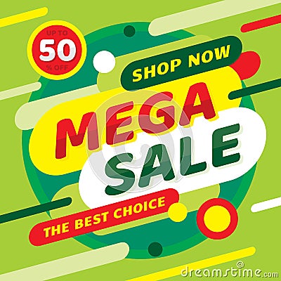 Sale mega discount up to 50% off. Concept promotion banner. Green color. Advertising poster. Vector Illustration