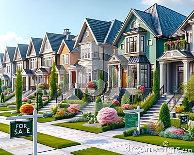 For Sale New Home House Street Construction Subdivision Row Pastel Colors AI Generated Stock Photo