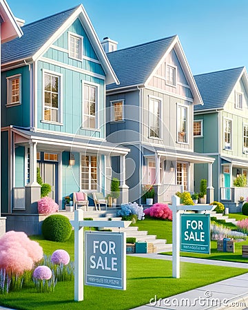 For Sale New Home House Street Construction Subdivision Row Pastel Colors AI Generated Stock Photo