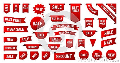 Sale and New Label collection set. Sale tags 30, 50, 70. Discount red ribbons, banners and icons. Special offer. Shopping Tags. Vector Illustration