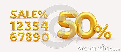 Sale off discount promotion set made of realistic numbers 3d gold helium balloons. Vector Illustration of balloon golden 50% Vector Illustration