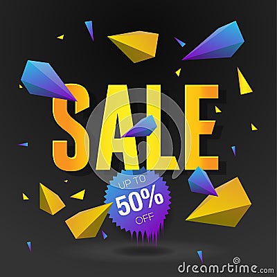 Sale 50 off poster with abstract triangle elements, black background Vector Illustration