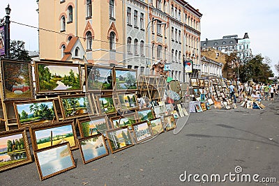 Sale of paintings on the touristic street Editorial Stock Photo